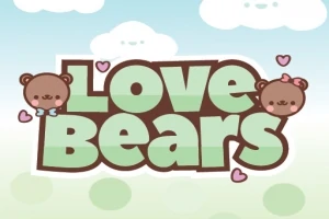 Nápis Love Bears s kreslenými medvídky a srdíčky na pastelovém pozadí s obláčky
