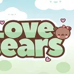 Nápis Love Bears s kreslenými medvídky a srdíčky na pastelovém pozadí s obláčky