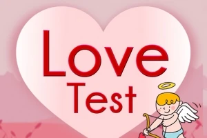 Růžové pozadí s velkým bílým srdcem a nápisem Love Test uvnitř, doplněné kresleným andílkem s lukem v pravém dolním rohu