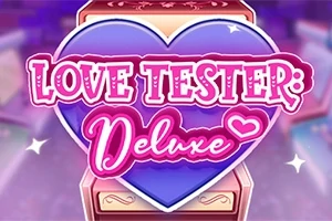 Fialové srdce s nápisem Love Tester Deluxe na růžovo-bílém pozadí
