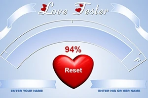 Červené srdce s nápisem Reset uprostřed s procentuálním výsledkem 94 % na modrém pozadí s bílými stuhami a textem