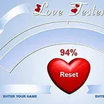 Červené srdce s nápisem Reset uprostřed s procentuálním výsledkem 94 % na modrém pozadí s bílými stuhami a textem