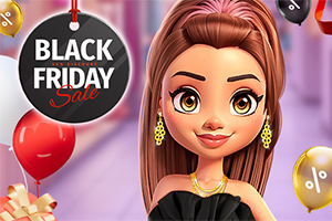 Žena s hnědými vlasy a šperky stojí před nápisem Black Friday Sale s balónky a dárkem v pozadí