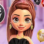 Žena s hnědými vlasy a šperky stojí před nápisem Black Friday Sale s balónky a dárkem v pozadí