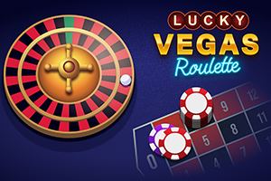 Ruleta se zlatým středem, bílo-červenými žetony na herním plánu a nadpisem Lucky Vegas Roulette