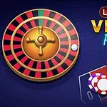Ruleta se zlatým středem, bílo-červenými žetony na herním plánu a nadpisem Lucky Vegas Roulette