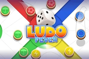 Barevné herní desky s kostkou a žetony, uprostřed nápis Ludo Fever