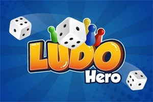 Barevný nápis LUDO Hero se třemi kostkami a čtyřmi barevnými figurkami na modrém pozadí