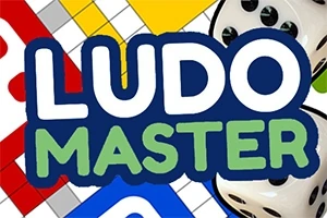 Nápis Ludo Master na pozadí s barevnými oddíly a kostkami