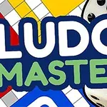 Nápis Ludo Master na pozadí s barevnými oddíly a kostkami