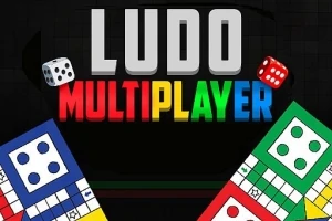 Barevný nápis LUDO MULTIPLAYER s hracími deskami a kostkami na černém pozadí