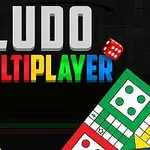 Barevný nápis LUDO MULTIPLAYER s hracími deskami a kostkami na černém pozadí