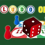 Barevná kostka a figurky na hracím poli s nápisem Ludo Online