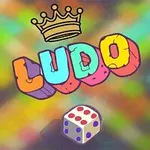 Barevný nápis LUDO s korunkou nad ním a kostkou s puntíky na rozmazaném vícebarevném pozadí
