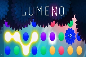 Barevné kulaté objekty a světelné spoje pod tmavou klenbou s nápisem „LUMENO“
