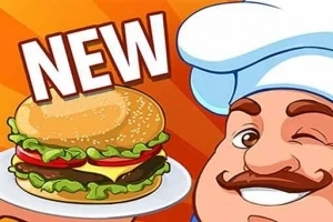 Kreslený kuchař s knírkem mrká a drží tác s hamburgerem, nad nímž je nápis NEW na oranžovém pozadí