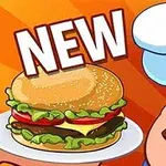 Kreslený kuchař s knírkem mrká a drží tác s hamburgerem, nad nímž je nápis NEW na oranžovém pozadí