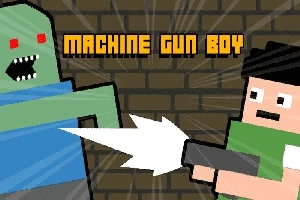 Pixelovaný obraz zobrazující postavu střílející na zelenou bytost před cihlovou zdí s názvem Machine Gun Boy