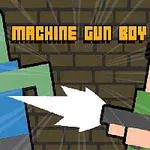 Pixelovaný obraz zobrazující postavu střílející na zelenou bytost před cihlovou zdí s názvem Machine Gun Boy