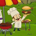 Kreslená postavička kuchaře v bílém oblečení griluje hamburgery u stánku s barevným slunečníkem na zelené louce