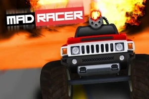 Červené terénní vozidlo s obrněním a kulometem na střeše, v pozadí výbuch a nápis MAD RACER