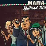 Karikatury pěti postav s mafiánským vzhledem držící kulečníkové tága v herním prostředí