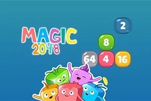 Barevné příšerky s čísly na modrém pozadí a nápisem MAGIC 2048