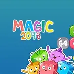 Barevné příšerky s čísly na modrém pozadí a nápisem MAGIC 2048