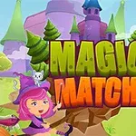 Barevná ilustrace kouzelnického hradu s růžovou čarodějkou, kočkou, stromy a nápisem Magic Match