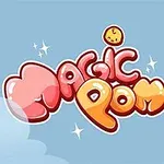 Barevný nápis „Magic Pom“ se třemi roztomilými kreslenými postavičkami na modrém pozadí
