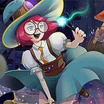 Dívka s červenými vlasy a kulatými brýlemi v kouzelnickém klobouku drží hůlku, obklopená létajícími předměty a magickými efekty