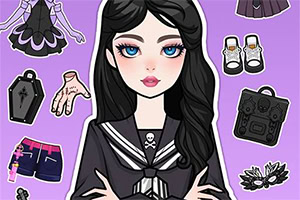Stylizovaná dívka s dlouhými černými vlasy v gotické školní uniformě na fialovém pozadí, obklopená oblečením a doplňky