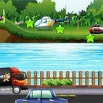 Dopravní letadlo, helikoptéra a auto projíždějící okolo řeky s dřevěným plotem v pozadí