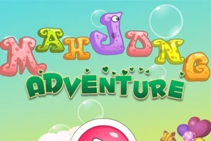 Barevný nápis Mahjong Adventure na modrozeleném pozadí s bublinami