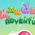 Barevný nápis Mahjong Adventure na modrozeleném pozadí s bublinami