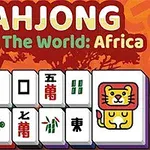 Barevná grafika s několika stylizovanými herními kostkami zobrazujícími obrázky opice a lva, s textem MAHJONG Around The World: Africa