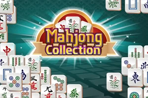 Logo Mahjong Collection obklopené tradičními mahjongovými kameny na zeleném paprskovém pozadí