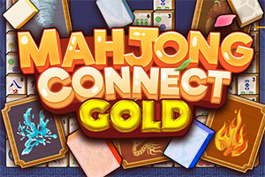 Barevný herní banner s nápisem „Mahjong Connect Gold, obklopený mahjongovými kameny, kartami a symboly ohně a ledu