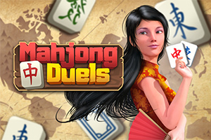 Žena v červeném oblečení drží vějíř a herní kámen, kolem ní jsou mahjongové kameny a logo Mahjong Duels