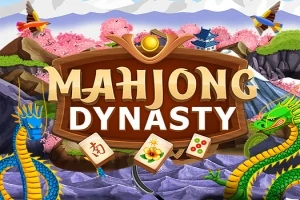 Název Mahjong Dynasty s ilustrací draků, hor a kvetoucích stromů na pozadí