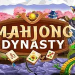 Název Mahjong Dynasty s ilustrací draků, hor a kvetoucích stromů na pozadí