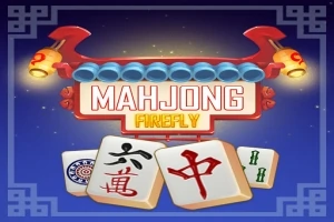 Červený nápis Mahjong Firefly na světle modrém pozadí s tradičními lampiony a třemi mahjongovými kameny v popředí
