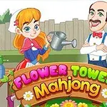 Dívka zalévá konev a usmívající se muž stojí vedle ní, s nápisem „Flower Tower Mahjong“ v popředí