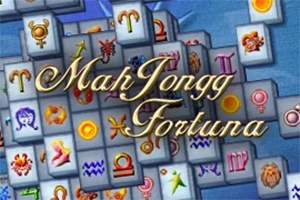 Stohy dlaždic s astrologickými symboly a zlatým textem Mah Jongg Fortuna na modrém pozadí