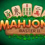 Kostky s čínskými znaky a bambusy na zeleném pozadí s nápisem „MAHJONG MASTER II“