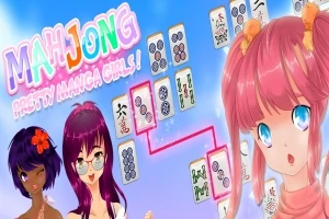 Barevná ilustrace s anime dívkami, dlaždicemi mahjongu a bublinkovým textem na modrém pozadí