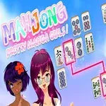 Barevná ilustrace s anime dívkami, dlaždicemi mahjongu a bublinkovým textem na modrém pozadí