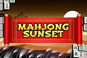 Červený svitek s nápisem MAHJONG SUNSET na pozadí západu slunce s bílým měsícem a siluetou krajiny