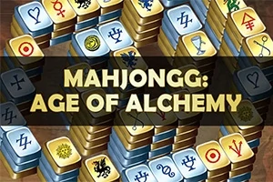 Hromada kostek s alchymistickými symboly s nápisem MAHJONGG: AGE OF ALCHEMY uprostřed