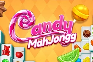 Barevný obrázek s logem Candy MahJongg obklopeným sladkostmi a hracími kameny